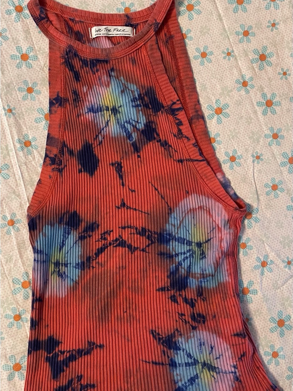 We The Free Coral Red Ribbed Tie-Dye Tank with Blue Accents - Picture 1 of 3